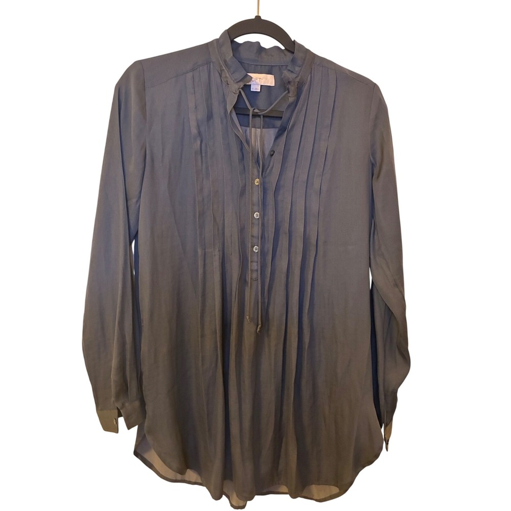 Ann Taylor LOFT Grey Pintuck Tie Neck Ruffle Blouse Tunic XS Vintage Style